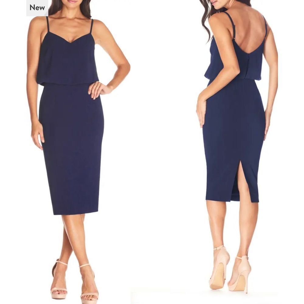 Dress the population NWOT Alondra Blouson Sheath Dress in midnight blue